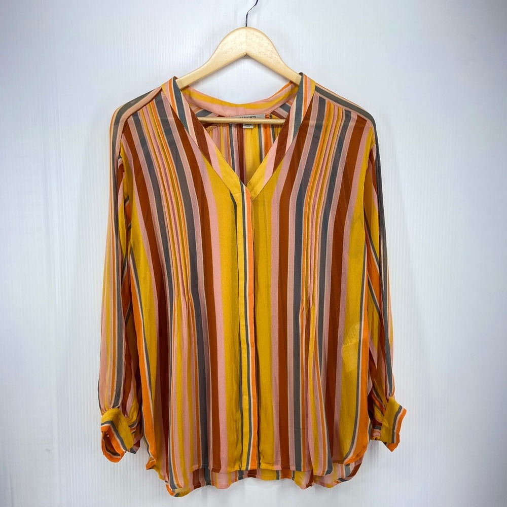 All Saints Adra Stripe Shirt Multicolor Sheer Long Sleeve Blouse Womens US 0 View 2